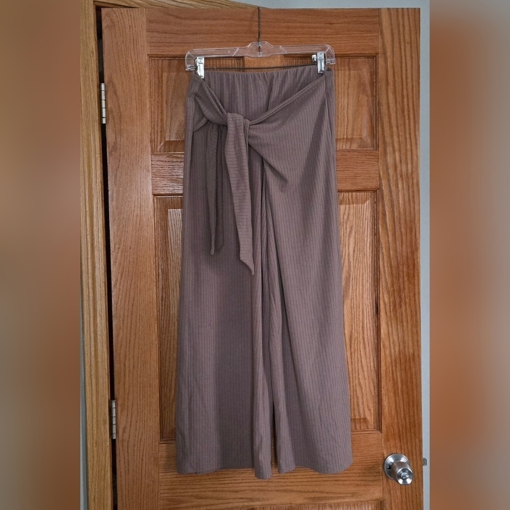 Elodie Taupe Ribbed Knit High-Waist Tie-Front Wide Leg Palazzo Pants Size M